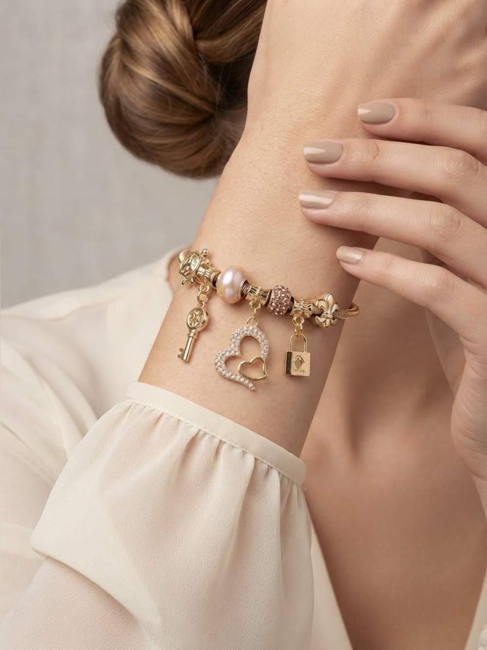 Gold Lock & Key Charm Bracelet | Pandora Style Snake Chain